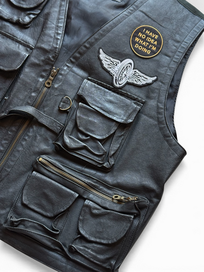 Gilet Tactical Leather "I Have No Idea" Custom – Utility Vest Multitasche – Taglia L