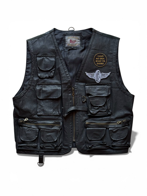 Gilet Tactical Leather "I Have No Idea" Custom – Utility Vest Multitasche – Taglia L